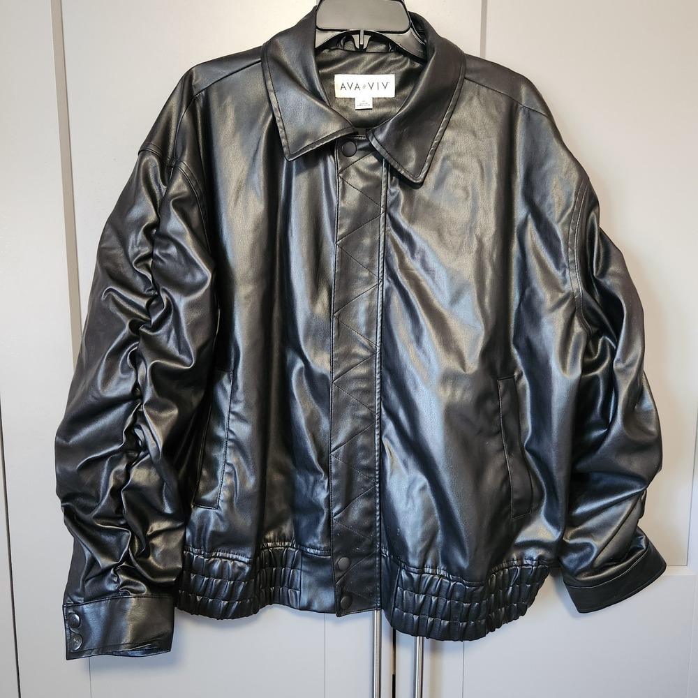 Ava & Viv Black Faux Leather Bomber Jacket Full Zip Plus Size 1X Ruched